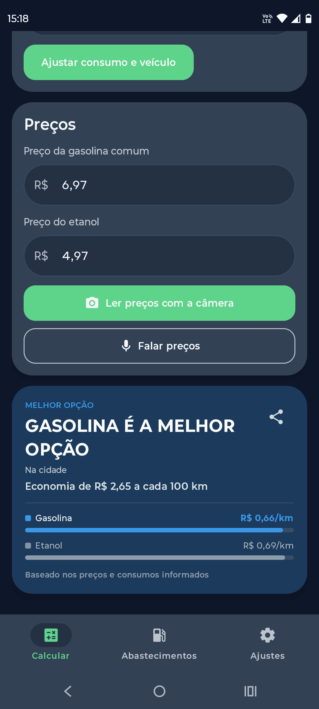 Tela real do Combustível Inteligente indicando gasolina como melhor opção e mostrando o custo por quilômetro