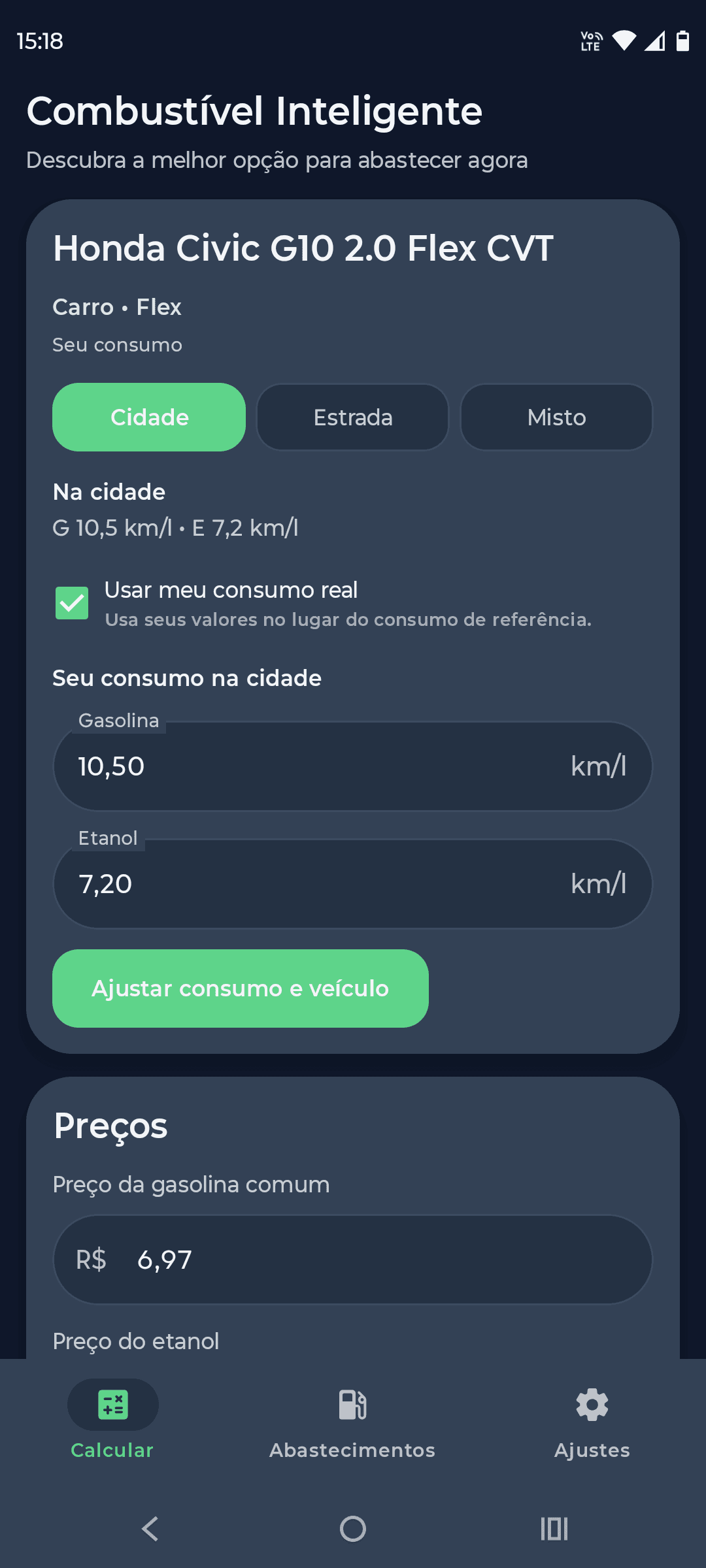 Tela do app com os campos de preço da gasolina e do etanol