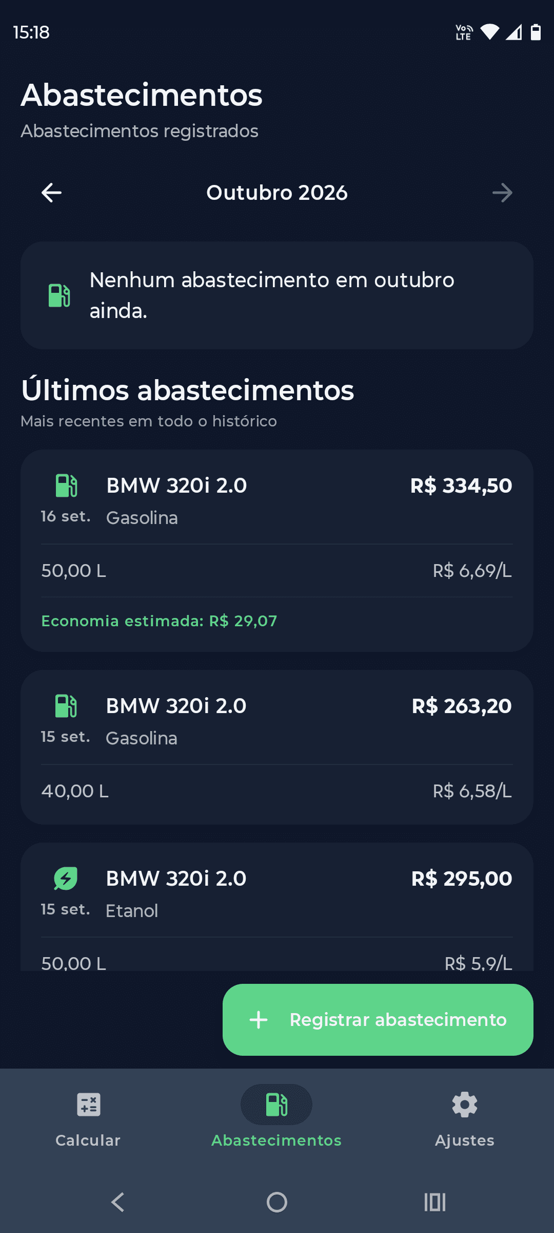 Tela real com o histórico de abastecimentos